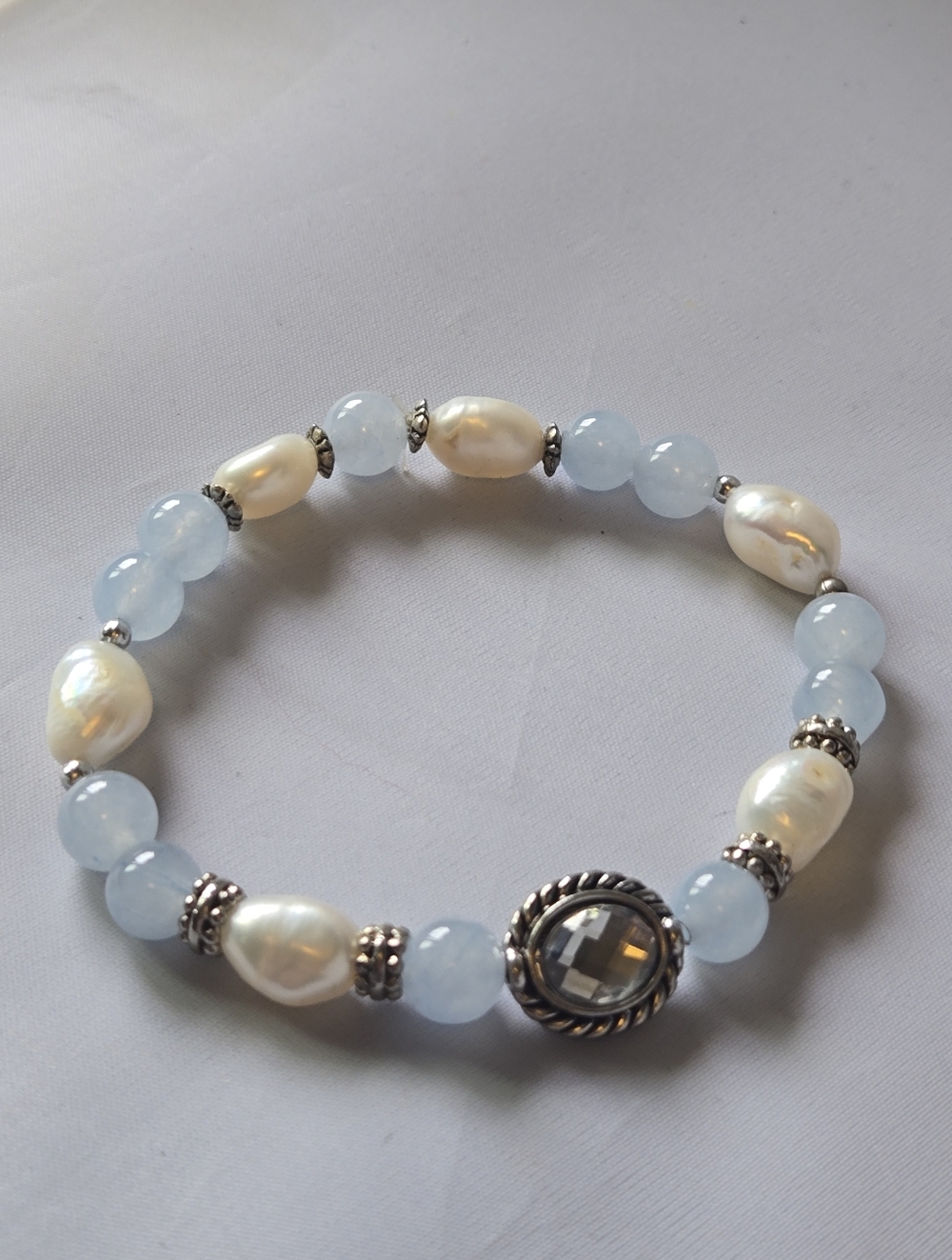 Aquamarine & Freshwater Pearl Bracelet | Jewel Center Bead | Soft Bridal Love